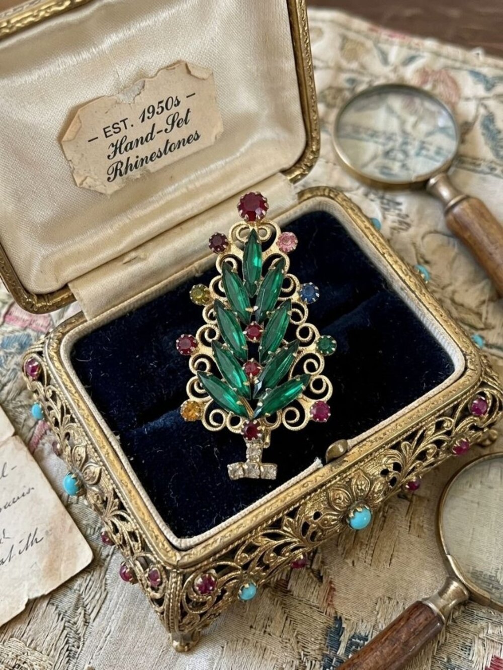 Vintage Signed Hobé Christmas Tree Pin, Rhinestone Holiday Brooch, 2 3/8"